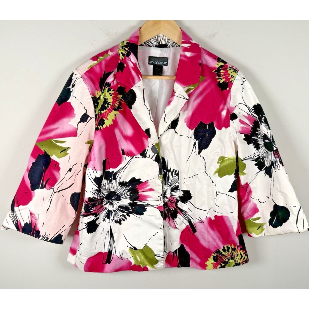 Molly & Maxx Floral White Pink Artsy Blazer Three Button Womens Large